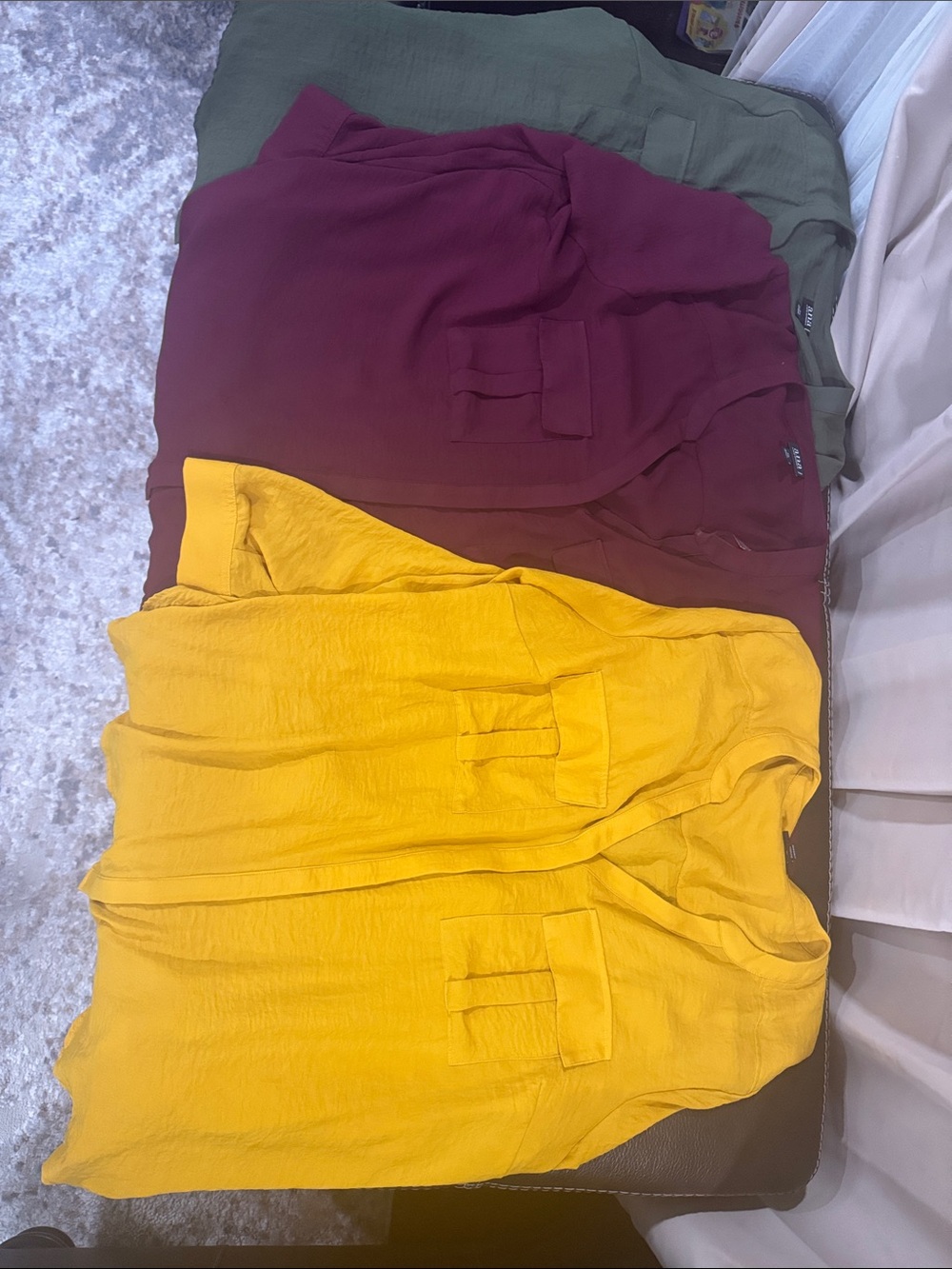 a.n.a Women's Sleeveless Pocket Blouse in Mustard, Burgundy & Olive